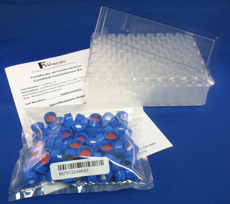 [4250-CERT97E12A] Cert. Amber Glass 9mm R.A.M.™ Vial w/Grad Spot, 12x32mm, w/PP OT Cap, Royal Blue, Bonded PTFE/Sil w/Slit, 100/pk
