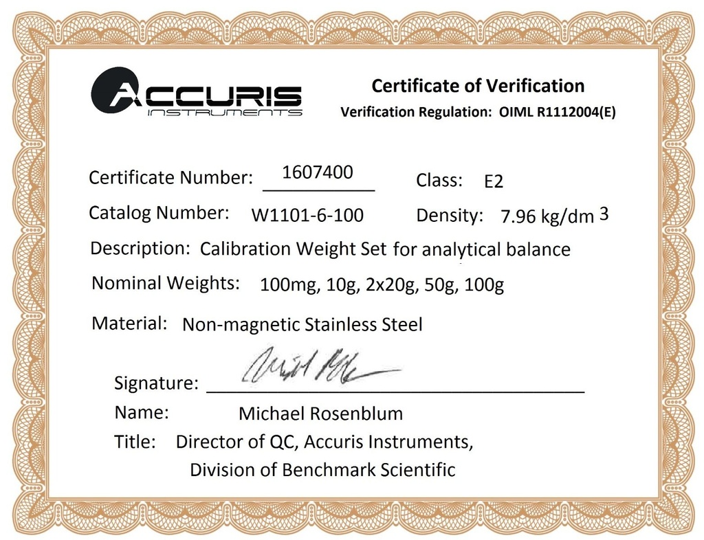 Class E2, Calibration set for Analytical Balances, 6 pcs: 1x100mg, 1x10g, 2x20g, 1x50g, 1x100g