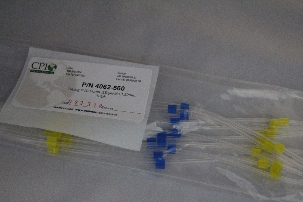 3-Stop Standard PVC Pump Tubing, yel-blu-yel, 1.52 mm, 12 Pack 