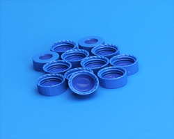 9mm R.A.M.™ Ribbed Cap, Royal Blue, Bonded, Clear PTFE/Blue Silicone w/Slit, Ultra Low Bleed - Mass Spec, 1000/pk