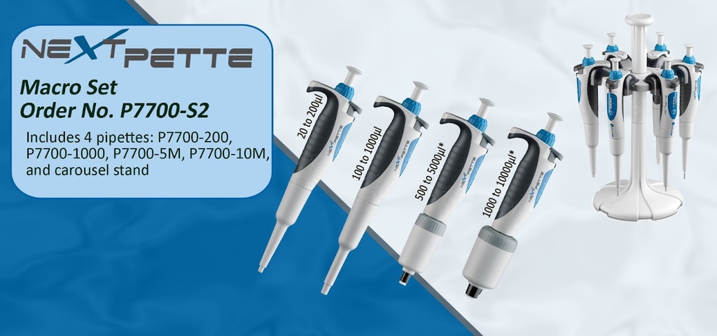 NextPette Pipette Starter Kits with Stands, (includes 4 pipettes: P7700-200, -1000, -5M, -10M, and stand P7700-CAR2) 

