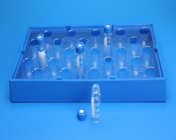 [4250-960112] 25 Position Insert Tray for Universal Vial Rack, to Hold 12mm Tapered, Flat & Round Bottom Vials, made from Clear PETG 