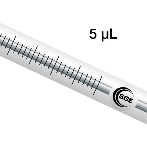 [SGE-001495] 5 µL Removable Needle Guided Plunger Syringe with 5 cm 0.47 mm OD Bevel Tipped Needle (Half Scale)
